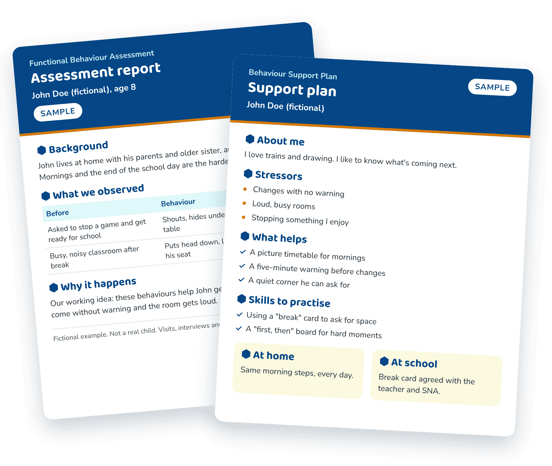 Sample report and support plan for a fictional child, marked SAMPLE